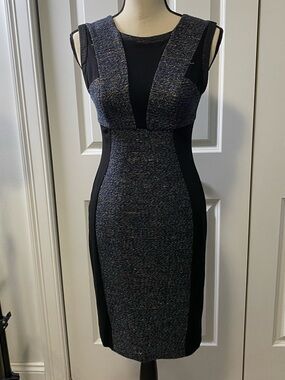 Yoana Baraschi Black and Blue/GoldTweed Midi Sheath Dress